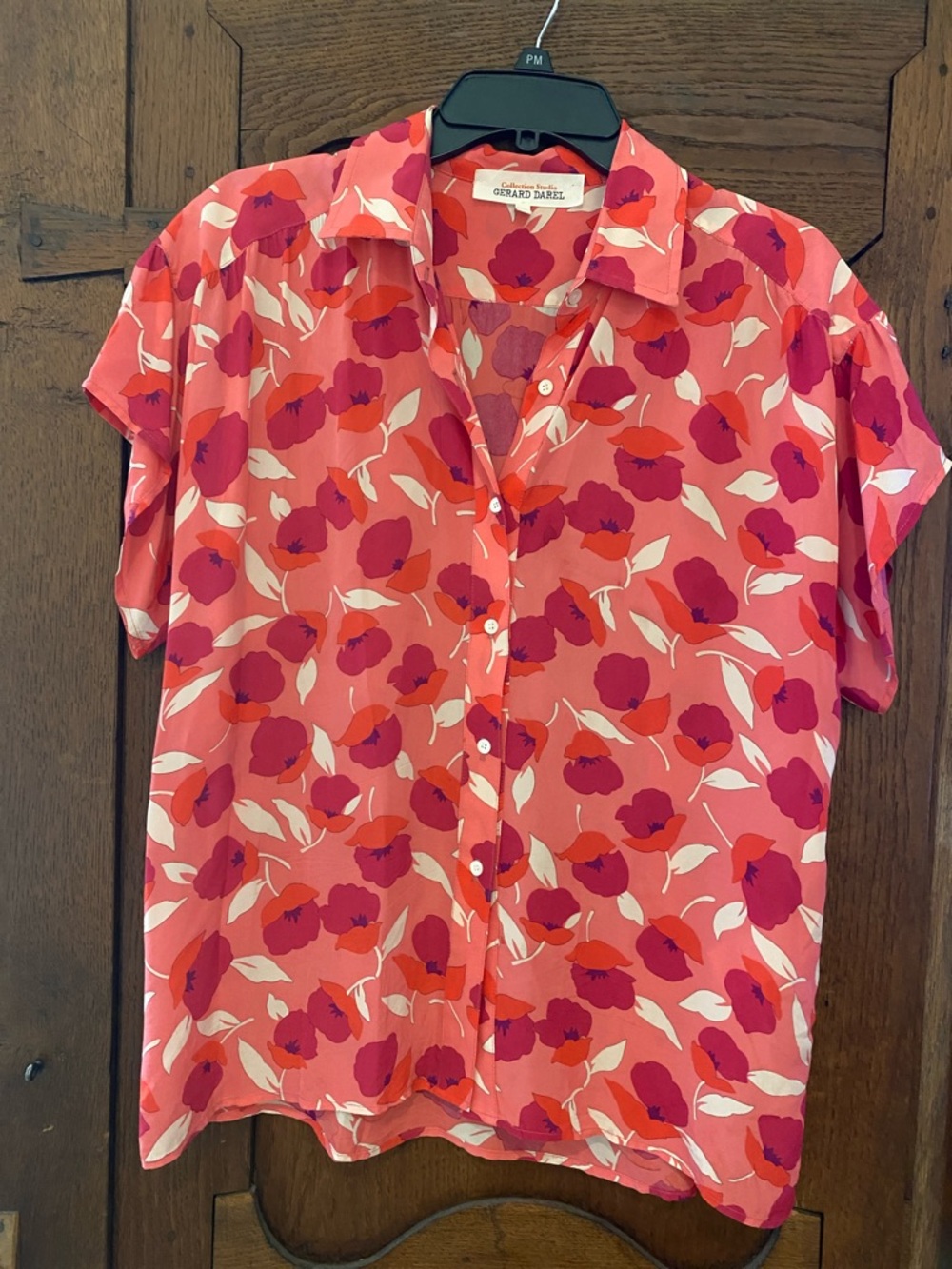 Gerard Darel Coral-Pink-Red Floral Button-Down Blouse.  Excellent condition.